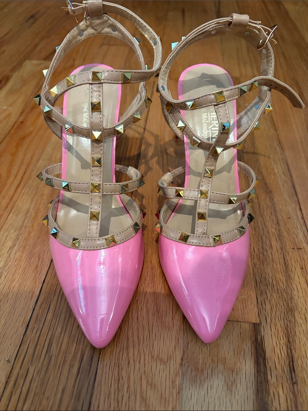 Catherine Malandrino Pink Patent Pointed-Toe Studded T-Strap Pumps